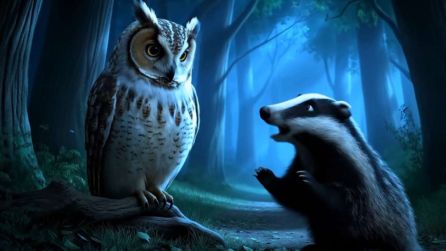 Generated from Google Veo 3 (Google showcase) using the prompt - A wise old owl dives down to a moonlit path and sits next to a badger)